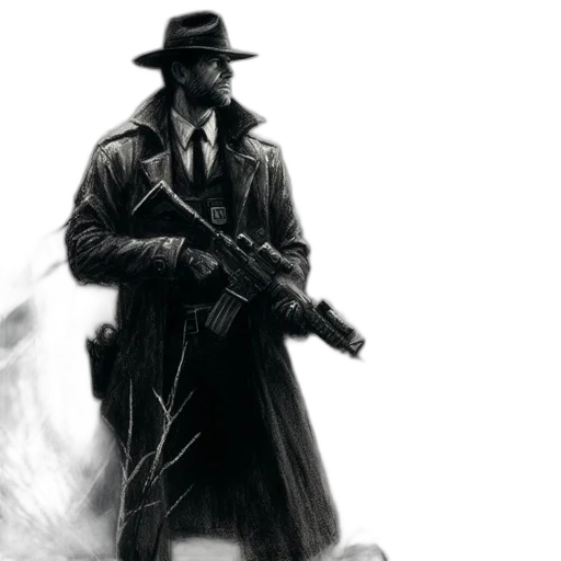 weapon, jacket, hat, concept art, comic book art, photorealistic, fantasy art, fog transparent PNG cut-out