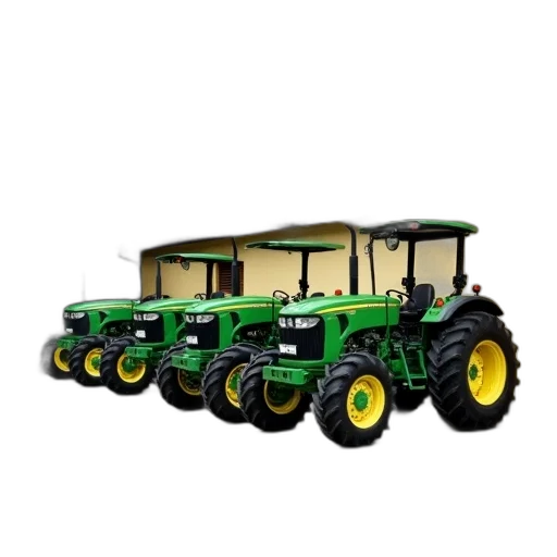 row, four, green, tractors, parked, line, concrete, surface transparent PNG cut-out