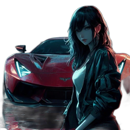 car, photorealistic, concept art, anime, comic book art, neon lights, rain, red transparent PNG cut-out
