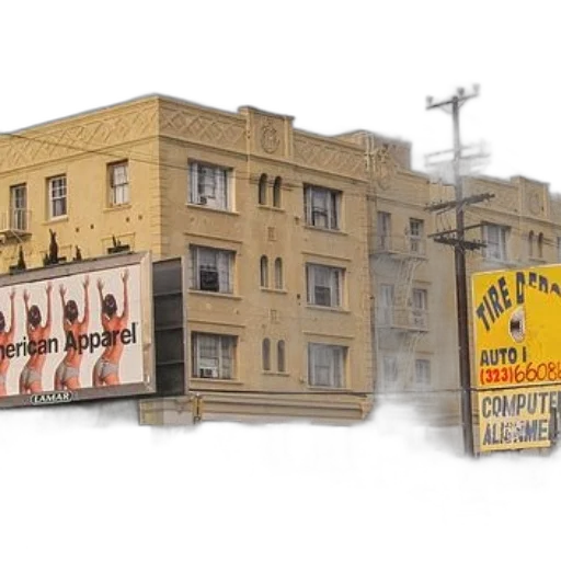 building, concept art, photorealistic, 3d render, city street, billboard, american, apparel transparent PNG cut-out
