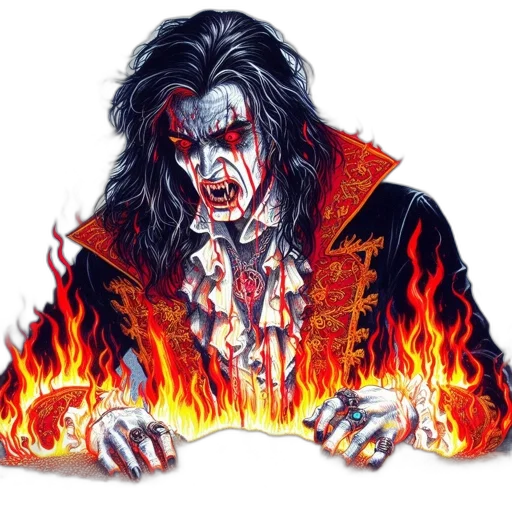 jacket, concept art, comic book art, photorealistic, fire, intimidating, vampire-like, character transparent PNG cut-out