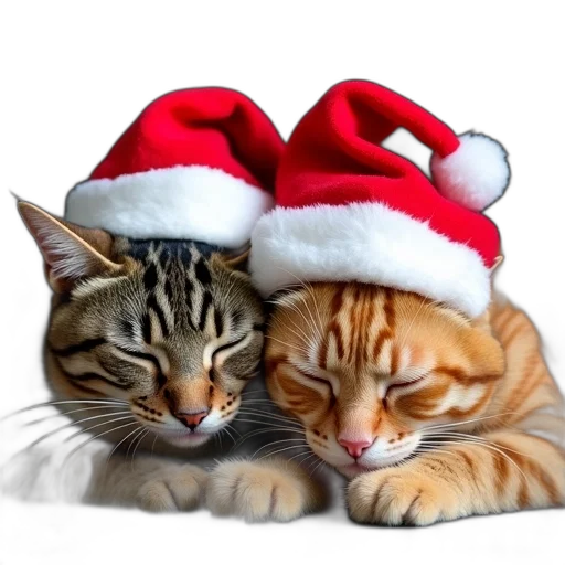 hat, two, cats, cuddling, together, both, wearing, santa transparent PNG cut-out