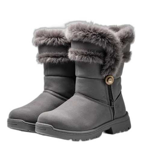 shoes, pair, grey, fluffy, furry, winter, boots, round transparent PNG cut-out