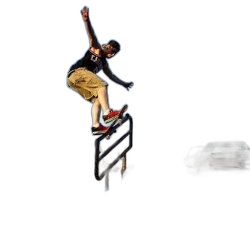 pixel art, concept art, photorealistic, cartoon, skateboarder, performs, trick, railing transparent PNG cut-out
