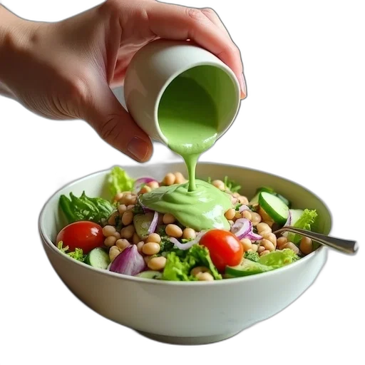 food, 3d render, photorealistic, hand, pouring, green, sauce, over transparent PNG cut-out