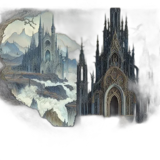 concept art, fantasy art, watercolor, pixel art, fog, snow, city street, monochrome transparent PNG cut-out