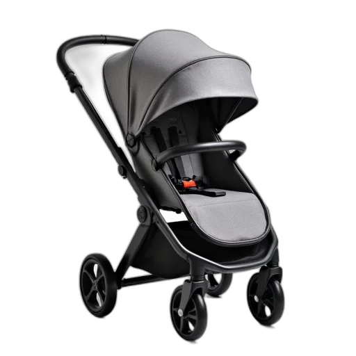 modern, baby, stroller, sleek, design, featuring, gray, fabric transparent PNG cut-out