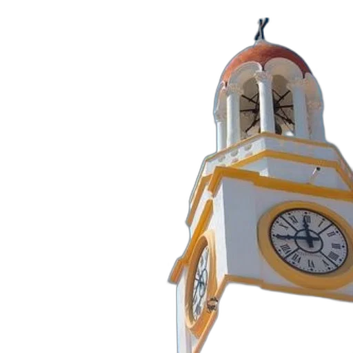 building, 3d render, white, clock, tower, yellow, accents, against transparent PNG cut-out