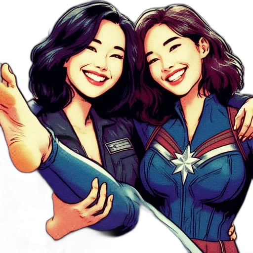 comic book art, cartoon, concept art, photorealistic, two, animated, female, characters transparent PNG cut-out