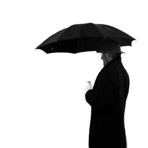 umbrella, hat, jacket, staff, photorealistic, rain, monochrome, man transparent PNG cut-out