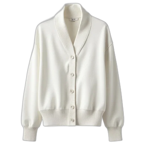jacket, white, cardigan, ribbed, collar, cuffs, displayed, against transparent PNG cut-out