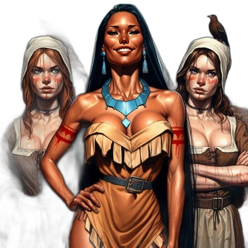 jewelry, comic book art, fantasy art, concept art, photorealistic, earth tones, three, women transparent PNG cut-out