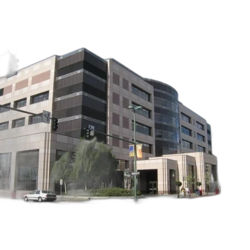 building, 3d render, photorealistic, modern, multi-story, curved, facade, large transparent PNG cut-out