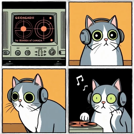 robot, cartoon, comic book art, cyberpunk, concept art, outer space, cat, listens transparent PNG cut-out
