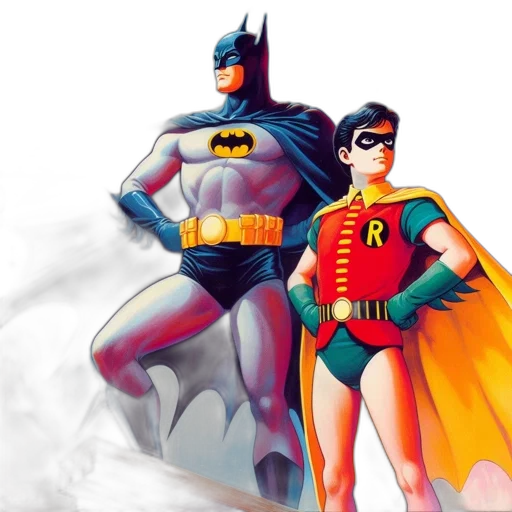 comic book art, concept art, cartoon, 3d render, batman, robin, pictured, together transparent PNG cut-out