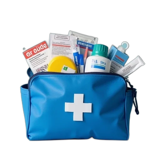 blue, bag, filled, first, aid, supplies transparent PNG cut-out