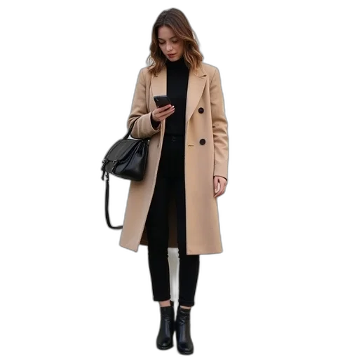 jacket, staff, monochrome, dark, earth tones, red, woman, standing transparent PNG cut-out