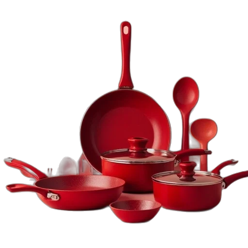 3d render, red, kitchen, cookware, set, spoons, spatula, forks transparent PNG cut-out