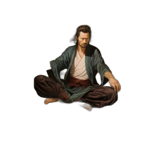 jacket, concept art, photorealistic, pixel art, 3d render, man, sword, meditates transparent PNG cut-out