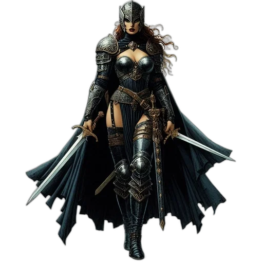 concept art, comic book art, fantasy art, 3d render, dark, female, warrior, wearing transparent PNG cut-out