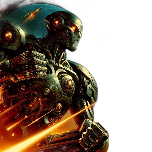 robot, concept art, cyberpunk, futuristic, stands, against, space, backdrop transparent PNG cut-out