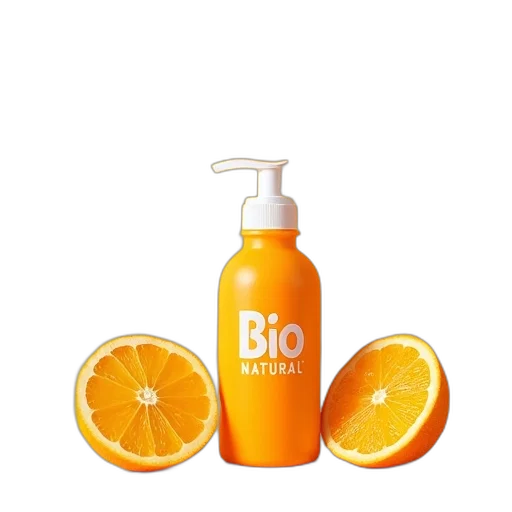 bottle, bio, natural, orange, juice, pump, dispenser, placed transparent PNG cut-out