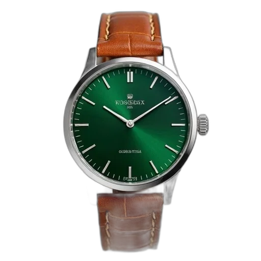 green, silver, wristwatch, dial, brown, leather, strap, displayed transparent PNG cut-out