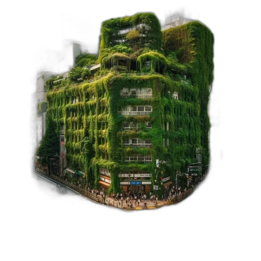 building, concept art, 3d render, photorealistic, fantasy art, green, urban, scene transparent PNG cut-out