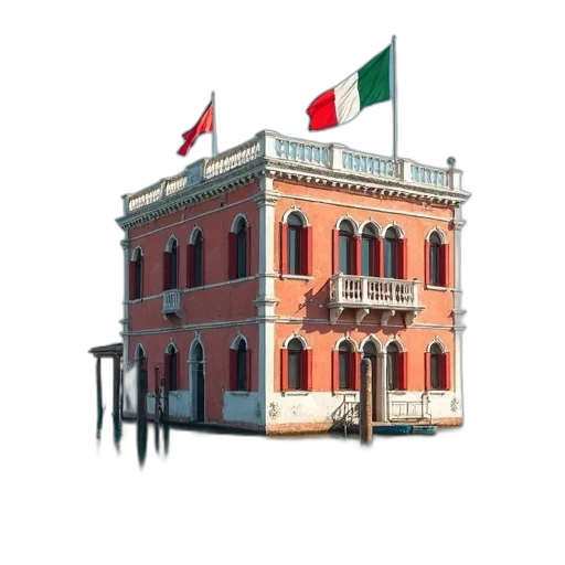 building, 3d render, concept art, photorealistic, venetian, red, flag, green transparent PNG cut-out