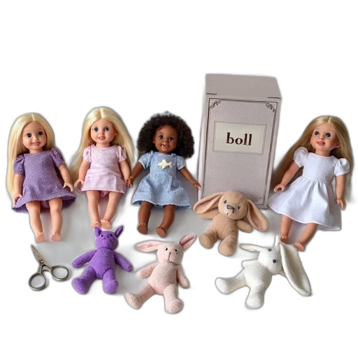 pastel, collection, various, dolls, stuffed, rabbit, arranged, white transparent PNG cut-out