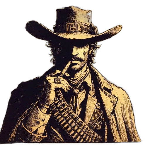 hat, jacket, weapon, staff, comic book art, concept art, photorealistic, cartoon transparent PNG cut-out
