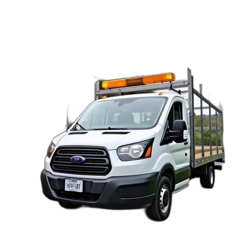 car, staff, 3d render, white, van, flatbed, trailer, parked transparent PNG cut-out