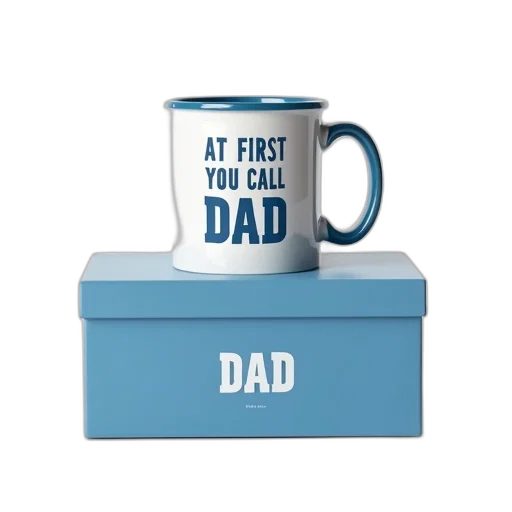 white, ceramic, mug, blue, rim, handle, featuring, phrase transparent PNG cut-out