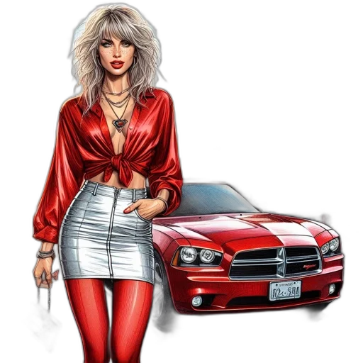 car, jacket, comic book art, photorealistic, cartoon, concept art, red, woman transparent PNG cut-out