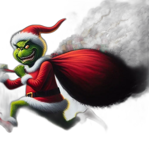 concept art, animated, grinch-like, creature, donning, santa, suit, pulls transparent PNG cut-out