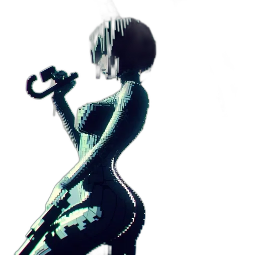 dress, robot, weapon, staff, 3d render, concept art, cyberpunk, pixel art transparent PNG cut-out