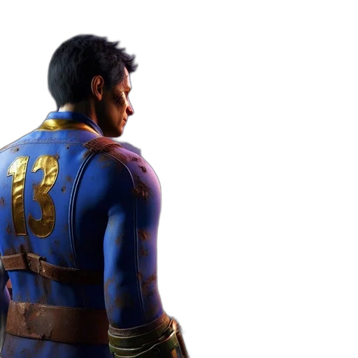 concept art, 3d render, blue, male, figure, jumpsuit, number, stands transparent PNG cut-out