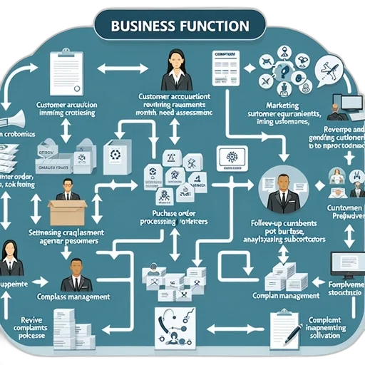 infographic, displays, detailed, flowchart, business, functions, processes, within transparent PNG cut-out