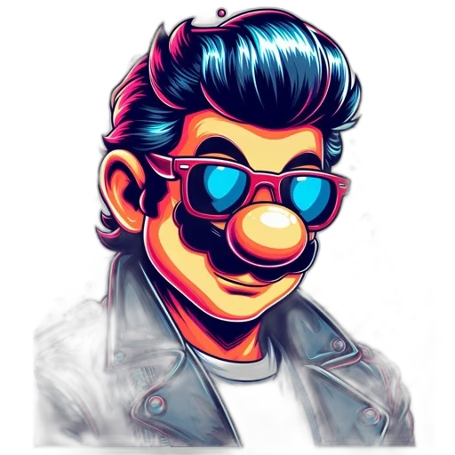 face, jacket, cartoon, pixel art, concept art, comic book art, mario, super transparent PNG cut-out