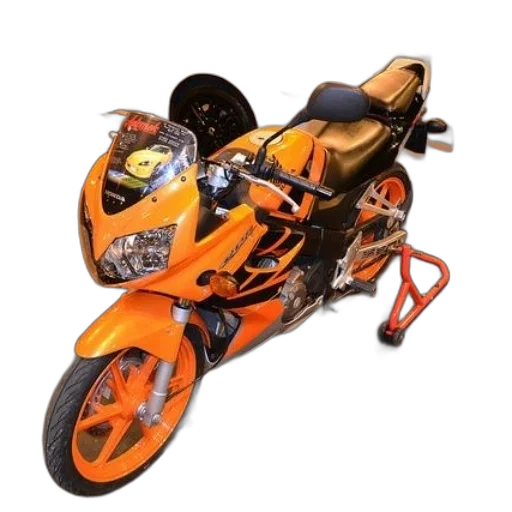 3d render, photorealistic, concept art, orange, motorcycle, black, accents, parked transparent PNG cut-out