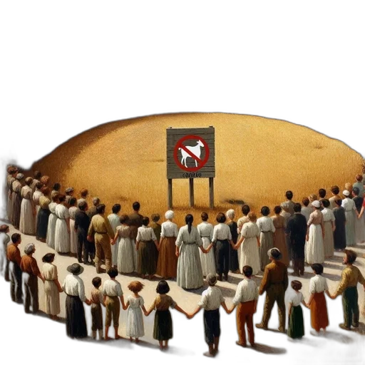 rural, setting, crowd, gathers, around, sign, bearing, prohibition transparent PNG cut-out