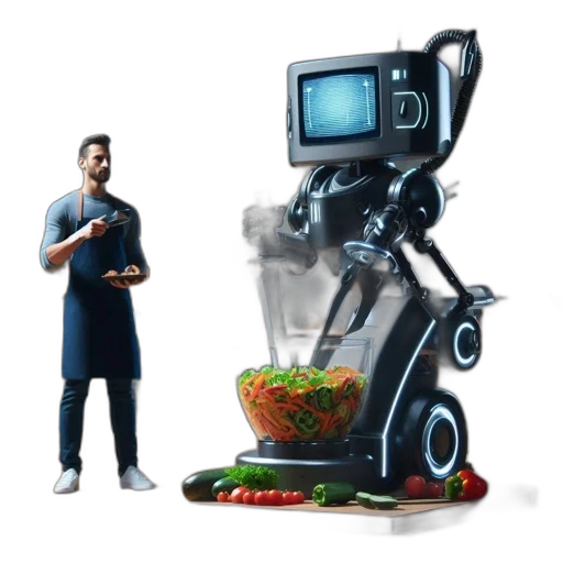 robot, food, concept art, 3d render, cyberpunk, contemporary, kitchen, man transparent PNG cut-out