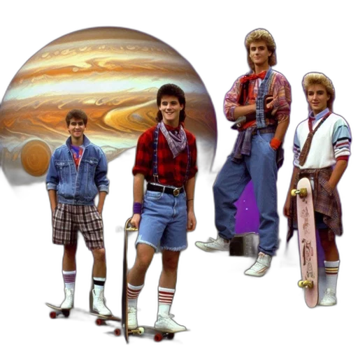 staff, concept art, outer space, four, young, men, pose, together transparent PNG cut-out