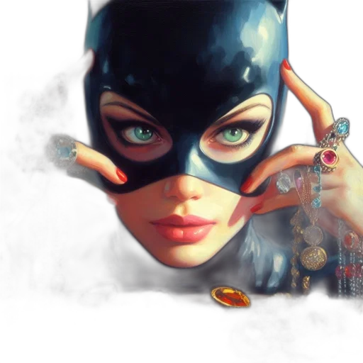 mask, comic book art, concept art, fantasy art, photorealistic, close-up, woman, wearing transparent PNG cut-out