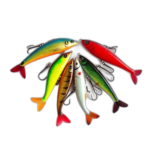 collection, variously, colored, patterned, lures, displayed, against, white transparent PNG cut-out