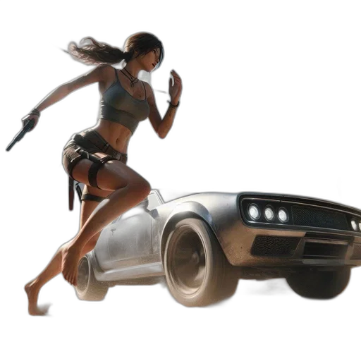 car, weapon, concept art, 3d render, fantasy art, photorealistic, woman, gray transparent PNG cut-out