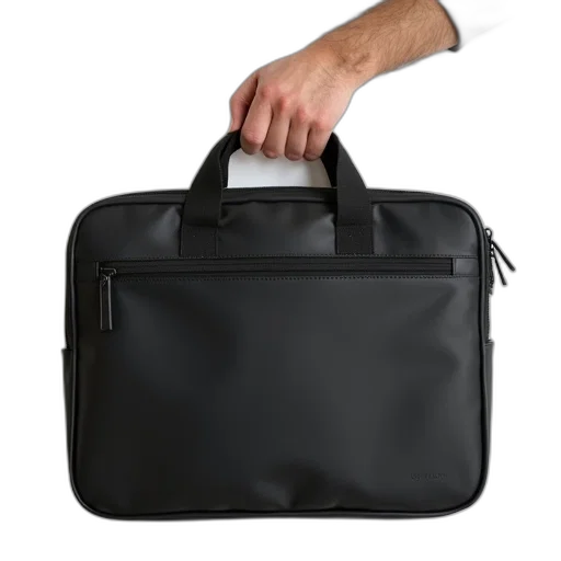 staff, person, holding, black, laptop, bag, zipper, closure transparent PNG cut-out