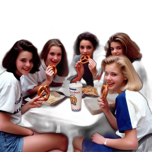food, photorealistic, oil painting, five, young, women, gather, casual transparent PNG cut-out