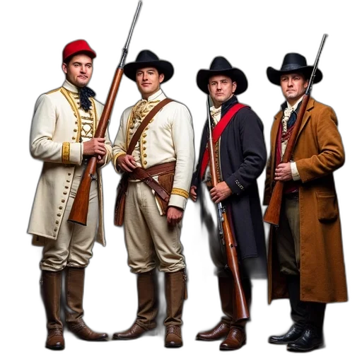 staff, hat, concept art, group, four, men, dressed, historical transparent PNG cut-out