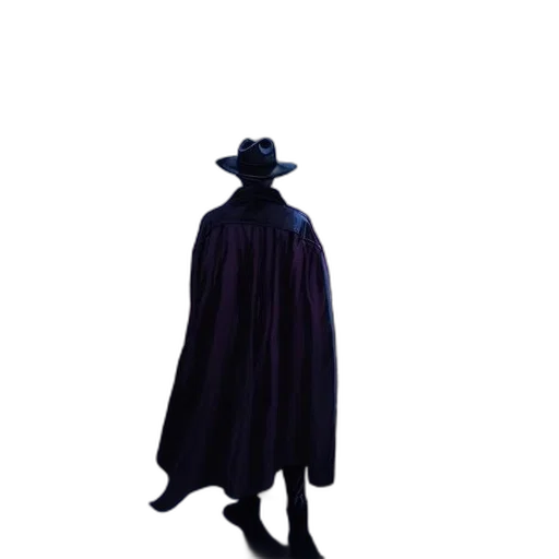 hat, jacket, staff, mask, concept art, 3d render, pixel art, dark transparent PNG cut-out